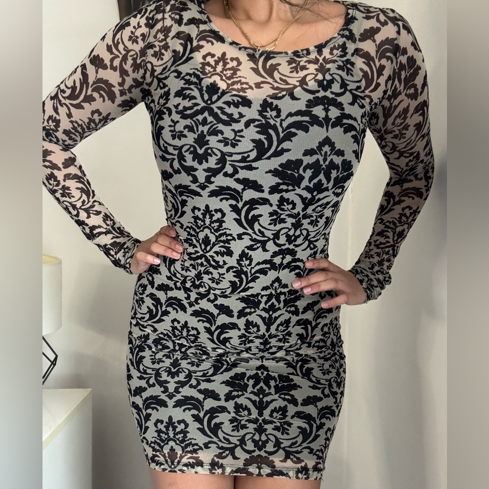 Forever 21 Black Floral Mesh Long Sleeve Bodycon Dress